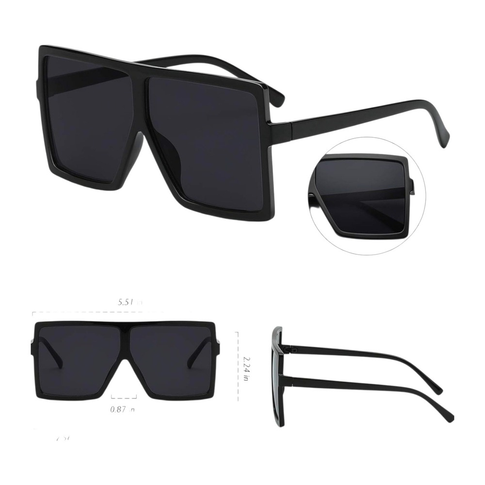 Oversized Square Sunglasses Women OS Black New Flat Top UV400 Shades